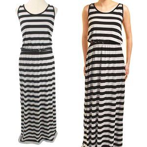 🍍FEVER Gray & Black Striped Belted Maxi Dress